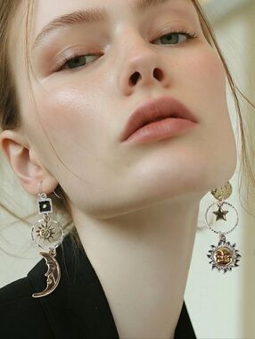 Celestial Moon Star Earrings Mismatched Two Tone Dangle Sun Hoop Statement Magic